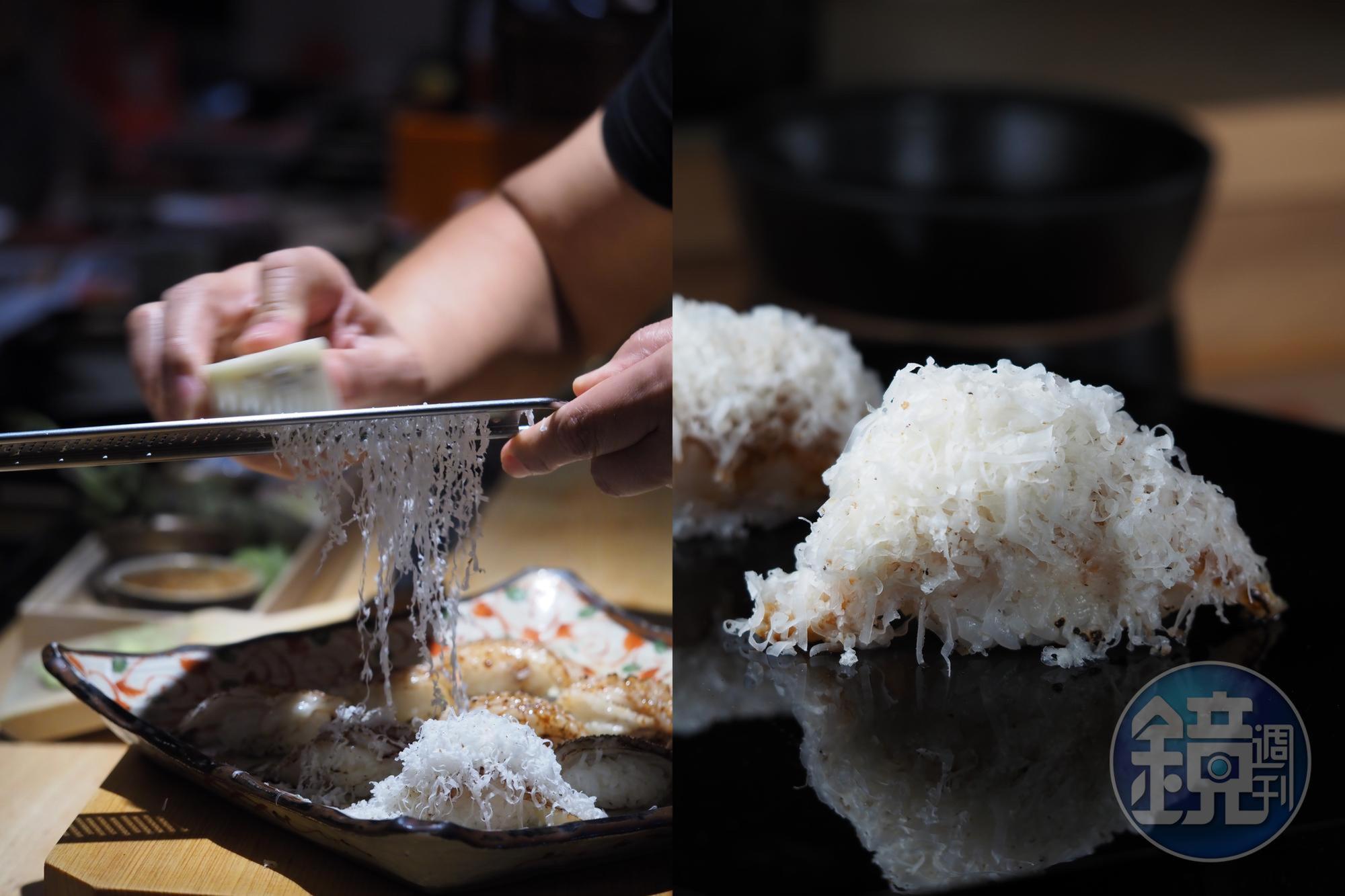 爽脆帶油脂的比目魚緣側(鰭邊肉)劃刀炙燒後淋上鰻骨醬汁,再毫不留情刨上義大利松露起司,是只有在「米匠」才吃得到的Special Menu。