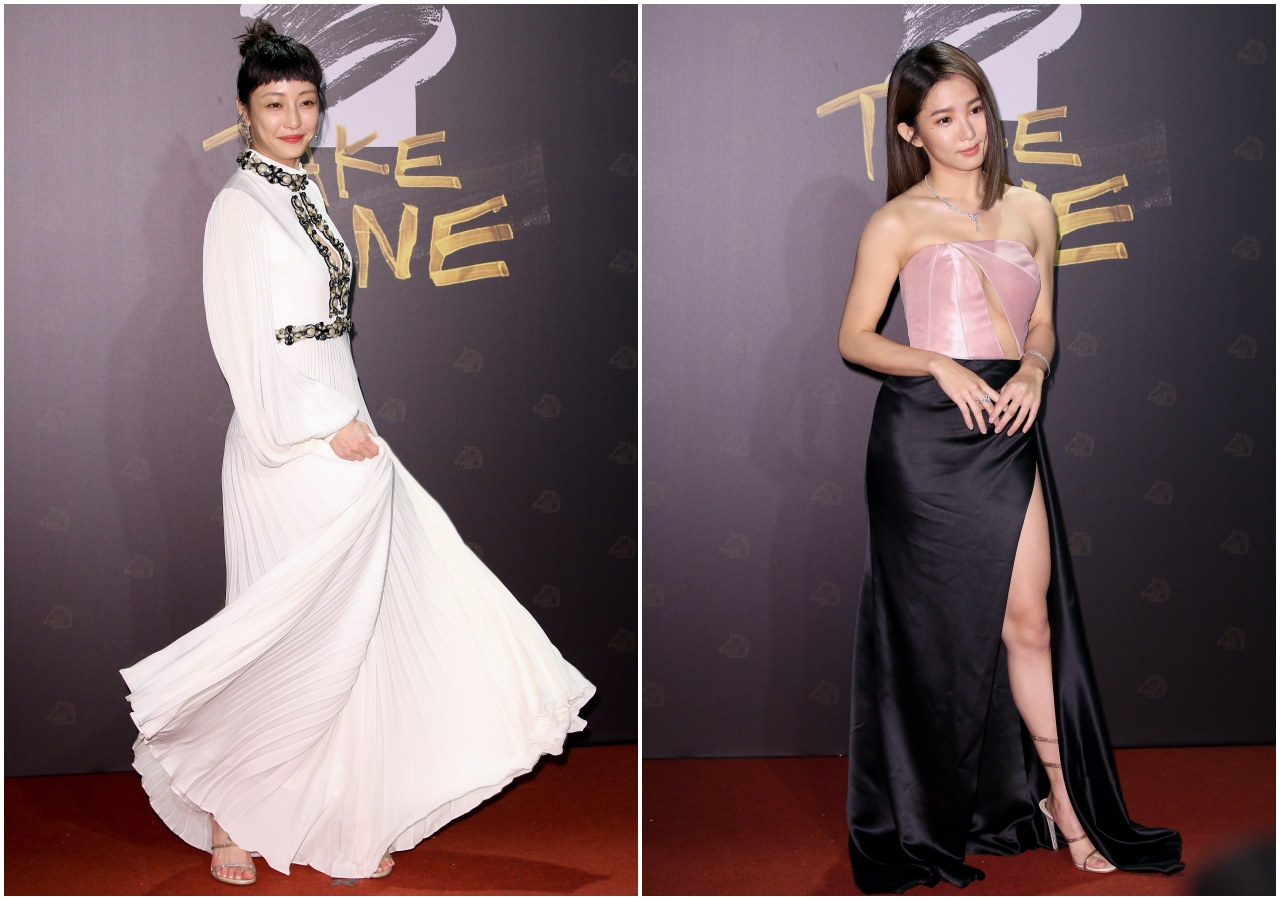 謝欣穎（左起）、郭書瑤在第57屆金馬獎頒獎典禮中，皆穿著René Caovilla CLEO系列蛇形水鑽高跟鞋。（鏡週刊攝影組攝）