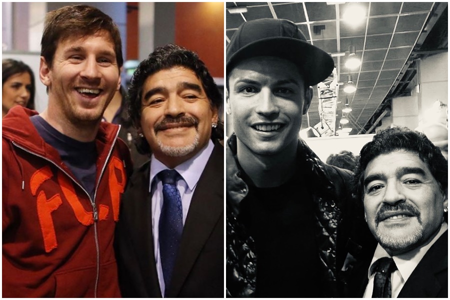 阿根廷足球巨星馬拉度納今凌晨因心臟病逝世，眾球星紛紛表示哀悼，梅西（左）、C羅（右）也稱其「永垂不朽，世人永難忘」。（翻攝自Lionel Messi IG、Cristiano Ronaldo推特）