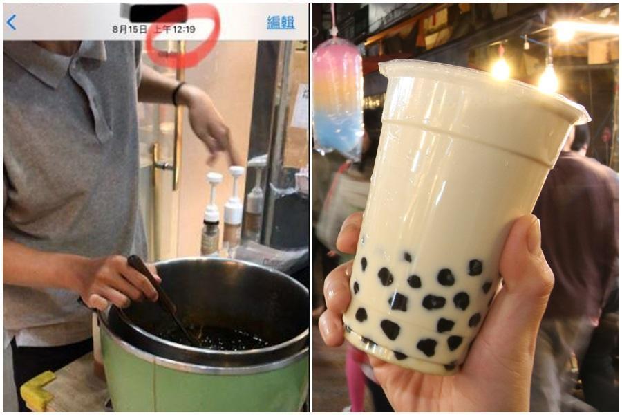 某連鎖飲料店員工舀起一大勺珍珠放入口中，再吐回鍋內，還拍影片PO網惹議。右圖為珍珠奶茶示意圖，與本新聞無關。（左圖翻攝自爆料公社）