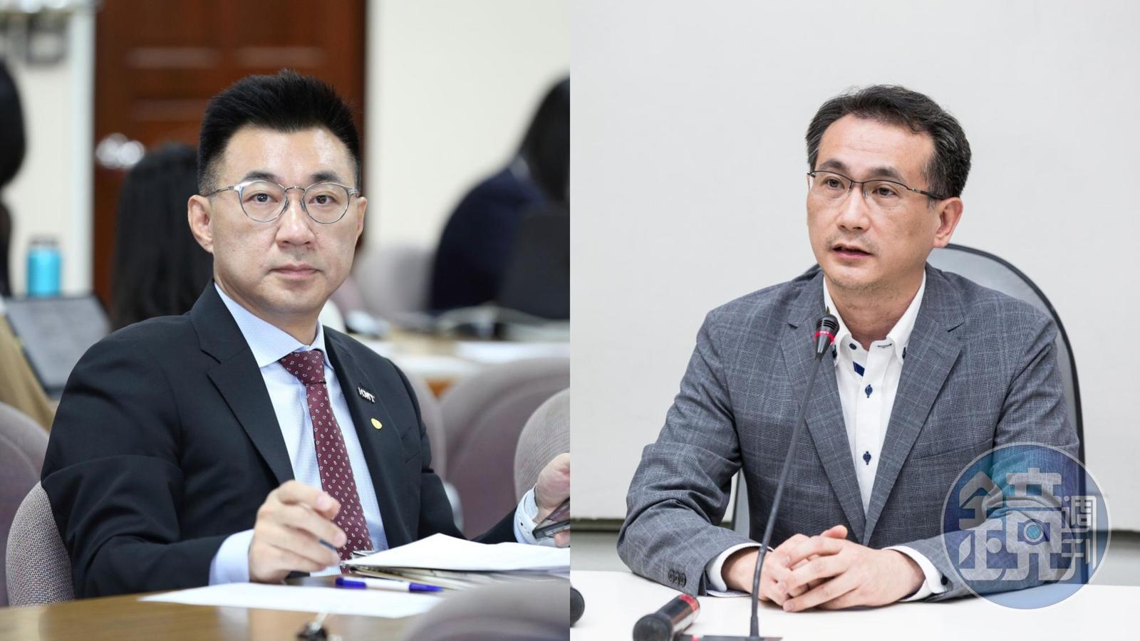 國民黨主席江啟臣(左)裁示研議發動反廢死公投,民進黨立委鄭運鵬(右)直呼奇怪。(本刊資料照)