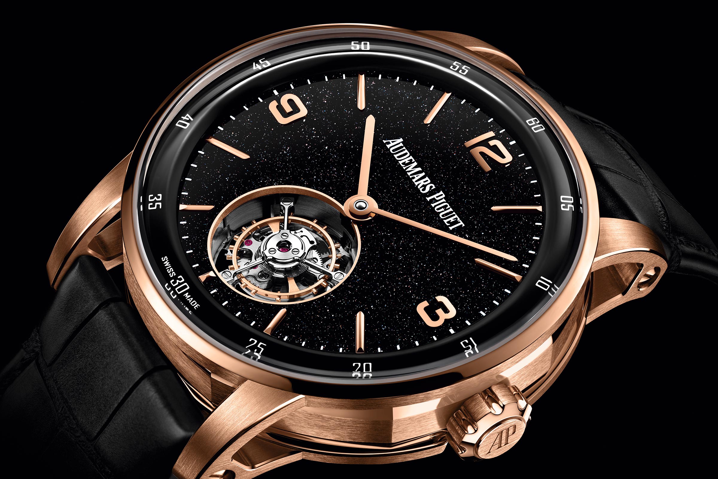 愛彼推出Code 11.59系列自動上鏈飛行陀飛輪腕錶，黑色砂金石琺瑯面盤搭配玫瑰金錶殼。