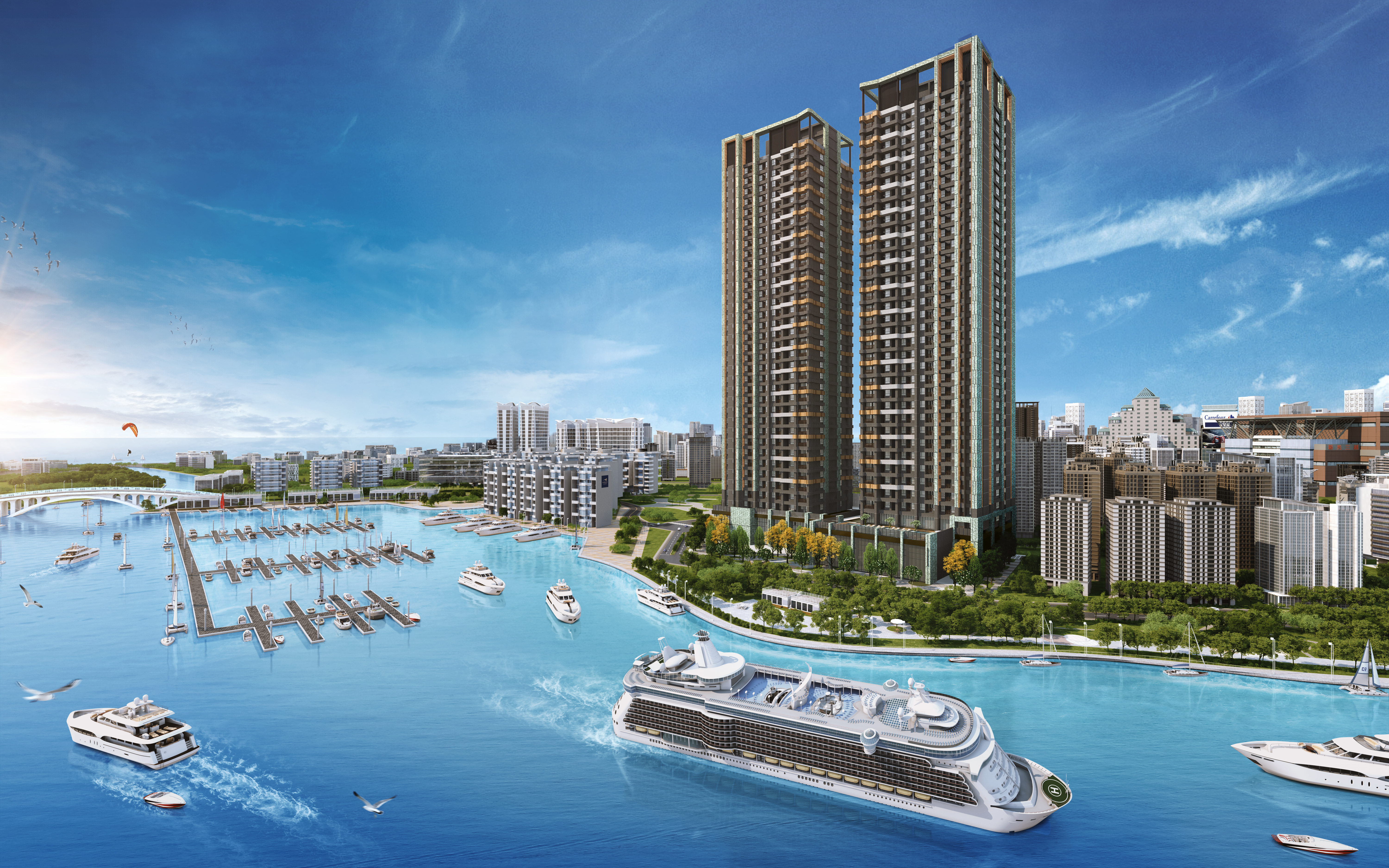 愛琴海34層摩天雙塔,將成為市政新灣區醒目地標。(此為3D透視合成示意圖)