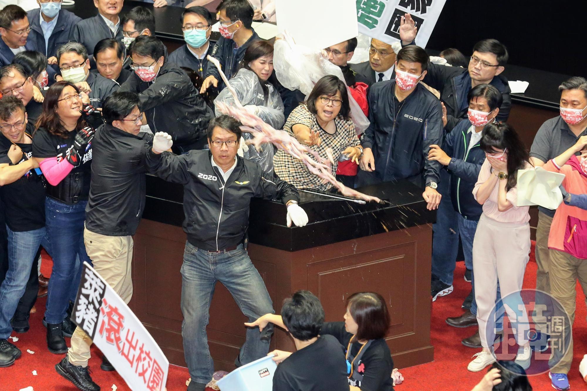綠委王美惠將豬腸丟回給國民黨立委。