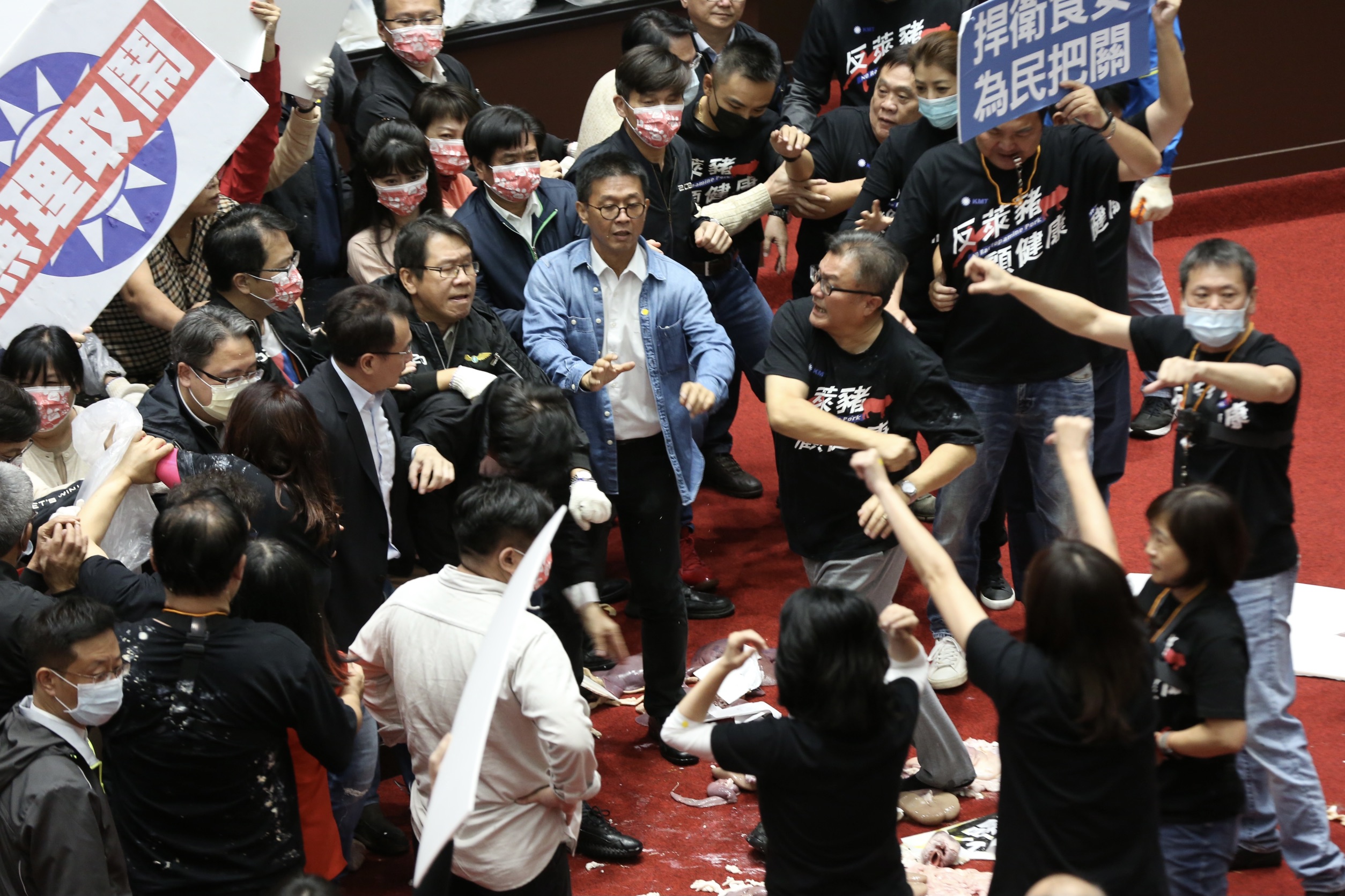 藍、綠委為萊豬進口議題大打出手，國民黨團更發動「內臟攻擊」，現場一片混亂。