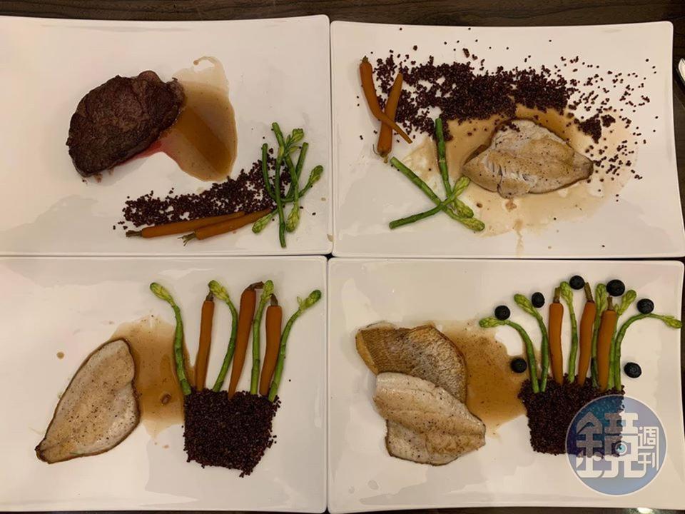 擺盤之盛開花園。大兒子不吃魚，改吃牛排（左上），大家各自擺盤耍廢。