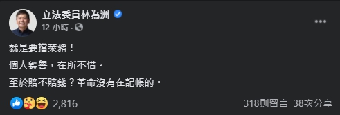 林為洲談起賠償,竟稱「革命沒在記帳的」。(翻攝自林為洲臉書)