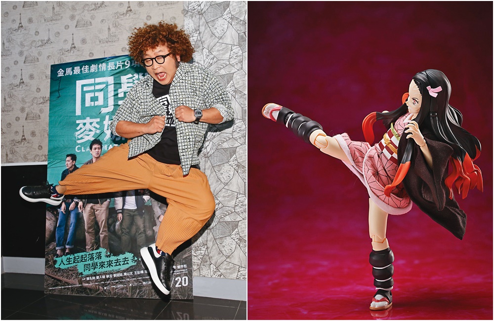 納豆憑《同學麥娜絲》拿下本屆金馬獎最佳男配角，在見面會上重現禰豆子的經典飛踢（左圖）、禰豆子陪哥哥炭治郎剿鬼，飛踢是她的標誌大絕。（右圖，翻攝自Aniplex+官網）