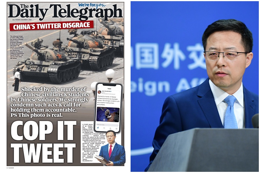 面對趙立堅的推特發文,澳媒刊登六四坦克人照反擊。(翻攝自每日電訊報、趙立堅推特)