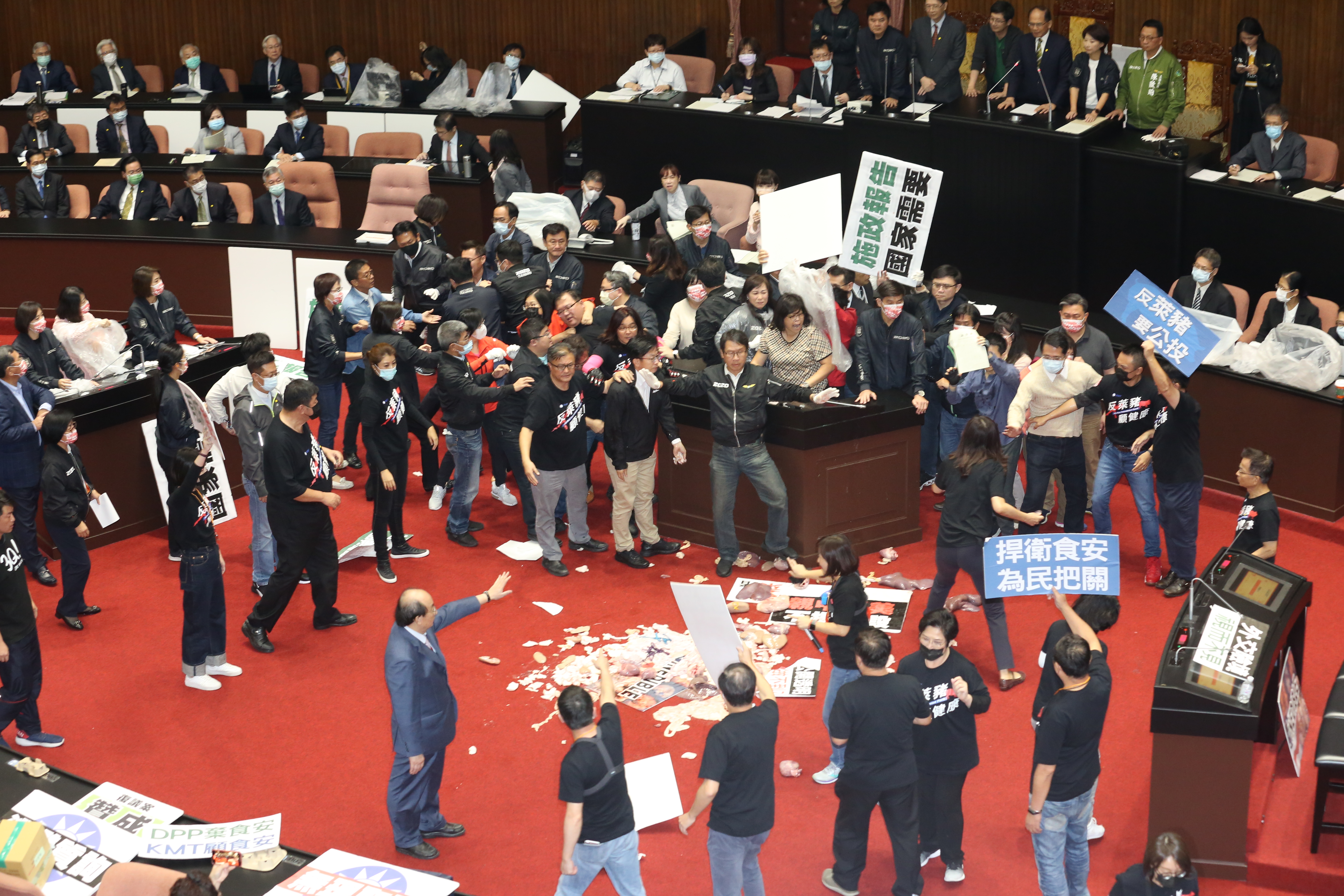 國民黨上週五在立法院內不斷朝向主席台丟豬內臟、亂鳴笛，導致現場一片混亂。（本刊資料照）