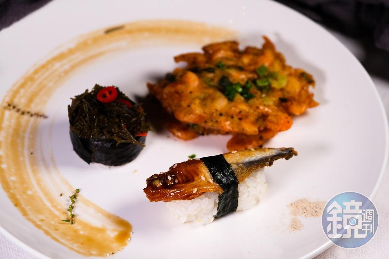 以「蒲燒鰻握壽司」「海菜握壽司」及「炸五鬚蝦餅」做為主食，融入在地風土滋味。（「鹽之有物」濕地餐桌菜色） 