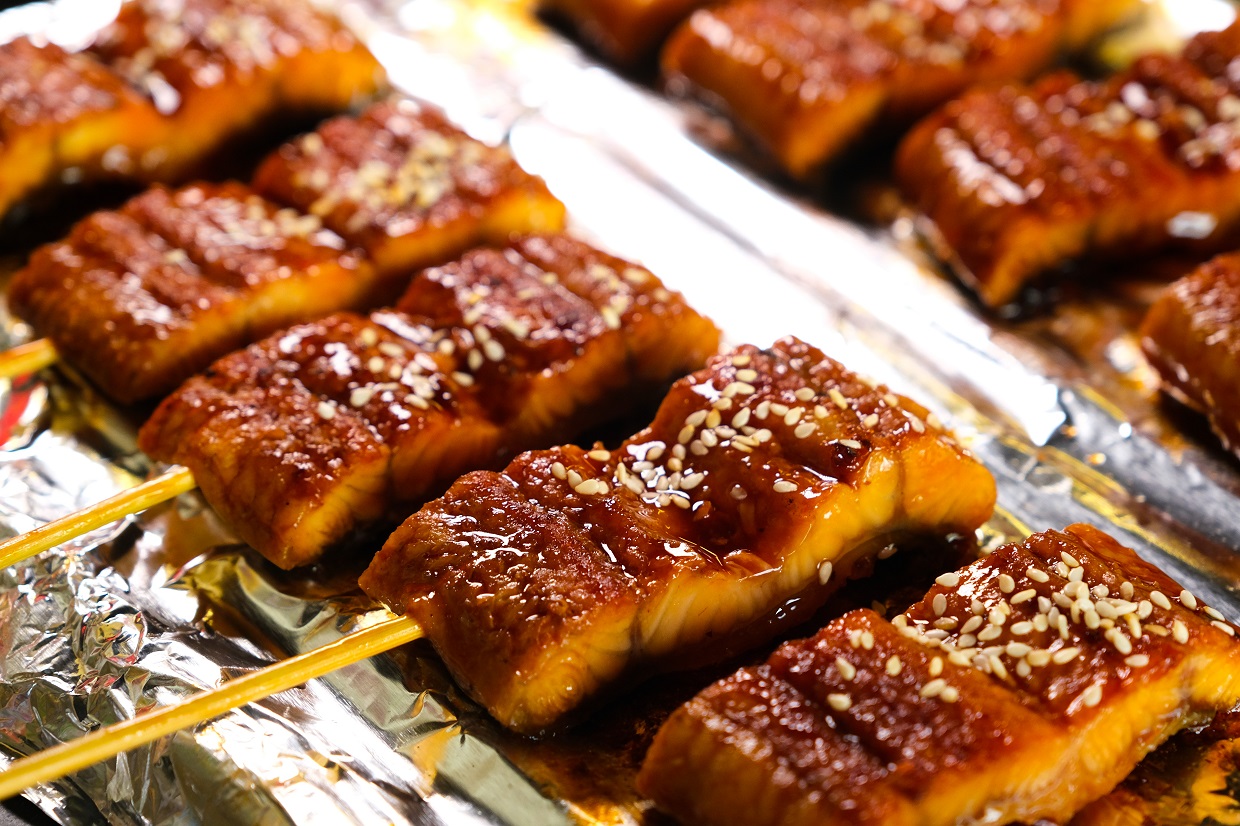 第一鰻波工坊販售的「冷凍鰻魚串」，方便遊客帶回家料理。（450元／包）