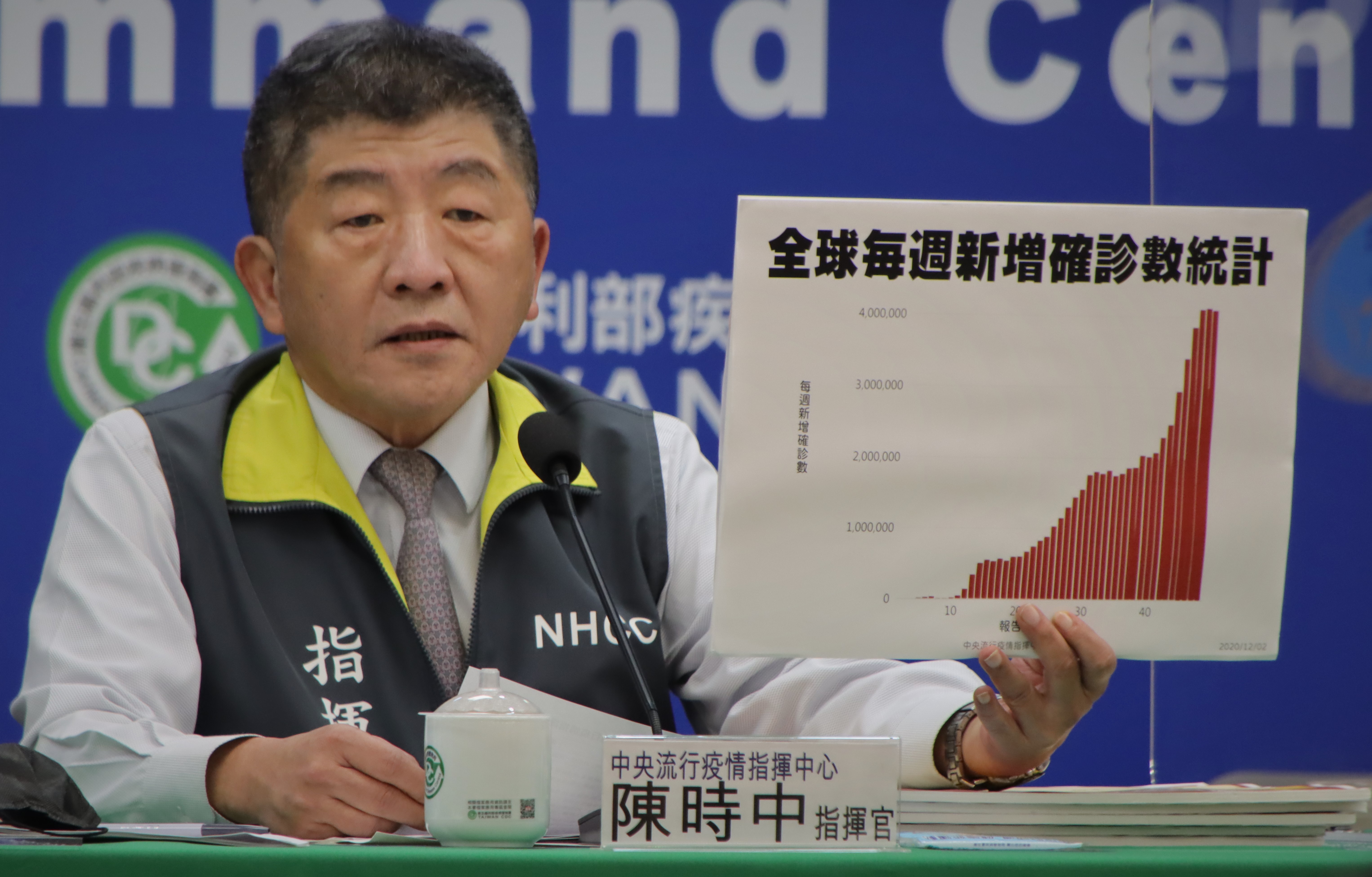 指揮中心公布全國各自費檢驗指定醫院相關收費資訊，方便民眾上網查閱，圖為指揮官陳時中。（指揮中心提供）