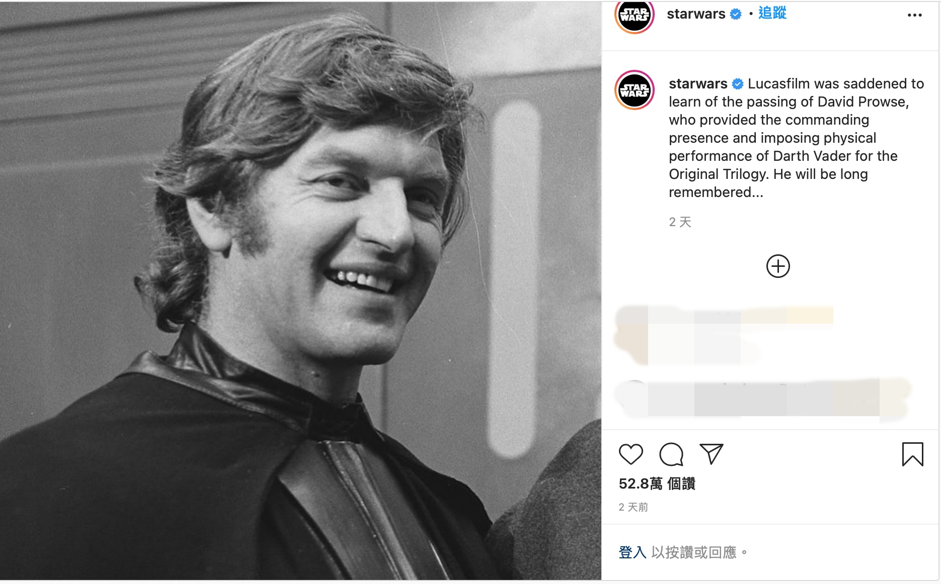 戴夫普羅斯生前難得穿著黑武士造型的戲服，露出真面目的時刻。（翻攝自Star Wars官方Instagram）