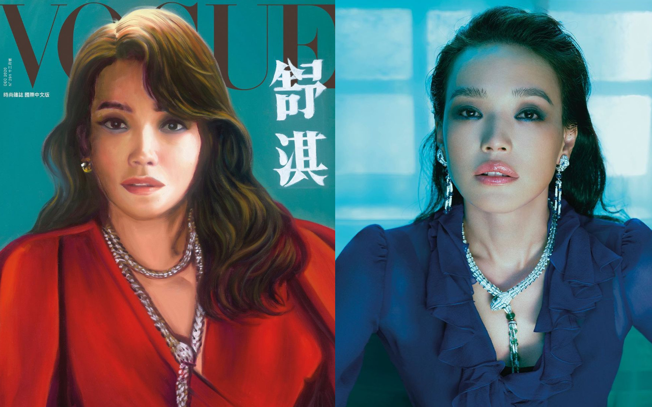 舒淇登上12月《VOGUE》封面（右圖），電影海報國寶大師顏振發也手繪一幅復古感的封面（左圖）。（翻攝自《VOGUE》IG）