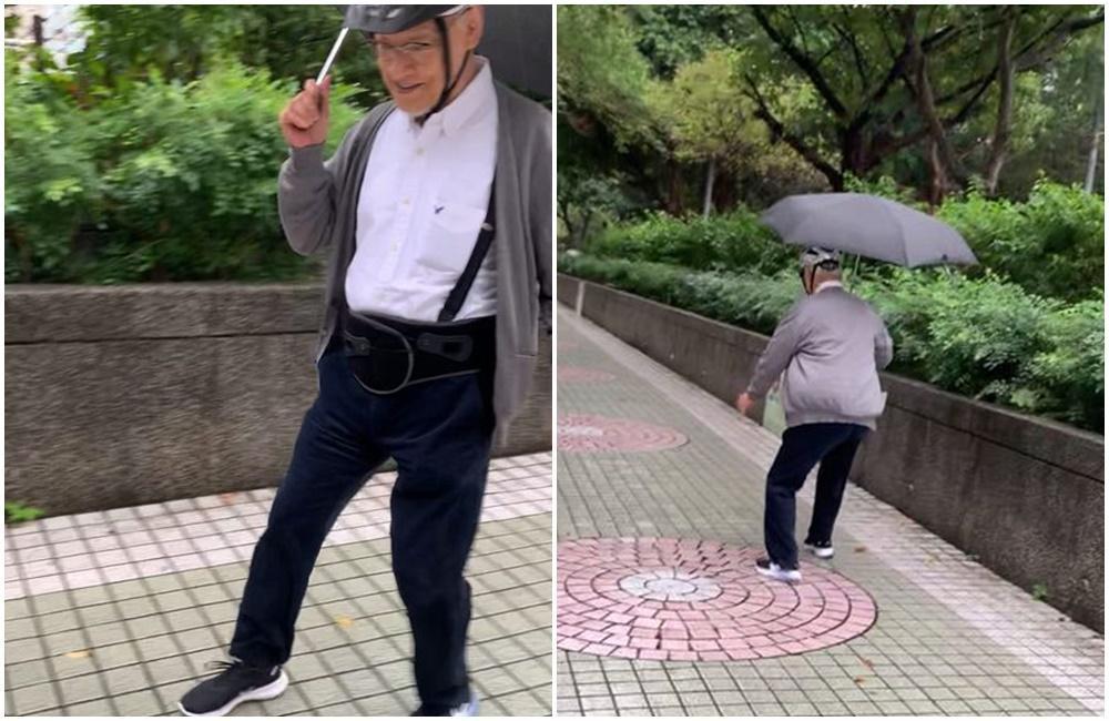 71歲劉墉大難不死後,為了證實知名運動鞋鞋底真的很滑,戴上安全帽、綁上護腰示範給網友看。(翻攝自劉墉臉書)