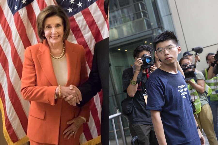 美國眾議院議長裴洛西（左）今聲援黃之鋒（右）等被捕的港人。（翻攝自賴清德臉書、本刊資料照）