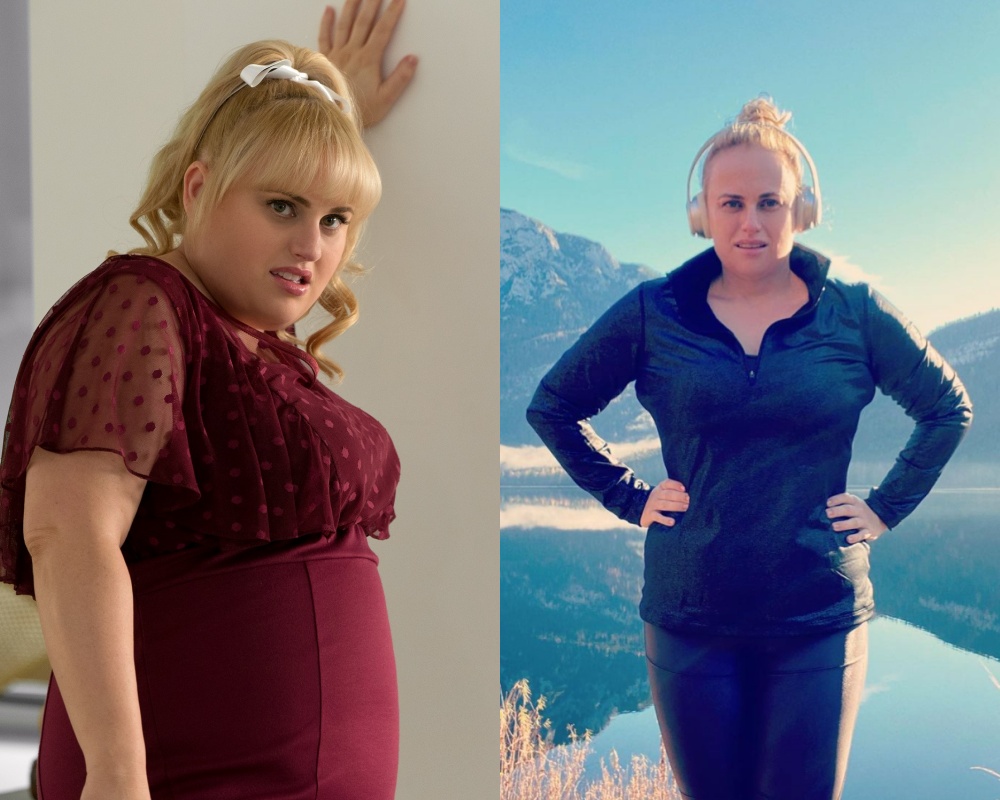 瑞貝爾威爾森去年在電影《詐騙女神》（左）還是圓潤的身材，但經過一年後，現在的她（右）已經瘦下28公斤。（UIP提供、翻攝自Rebel Wilson官方Instagram）