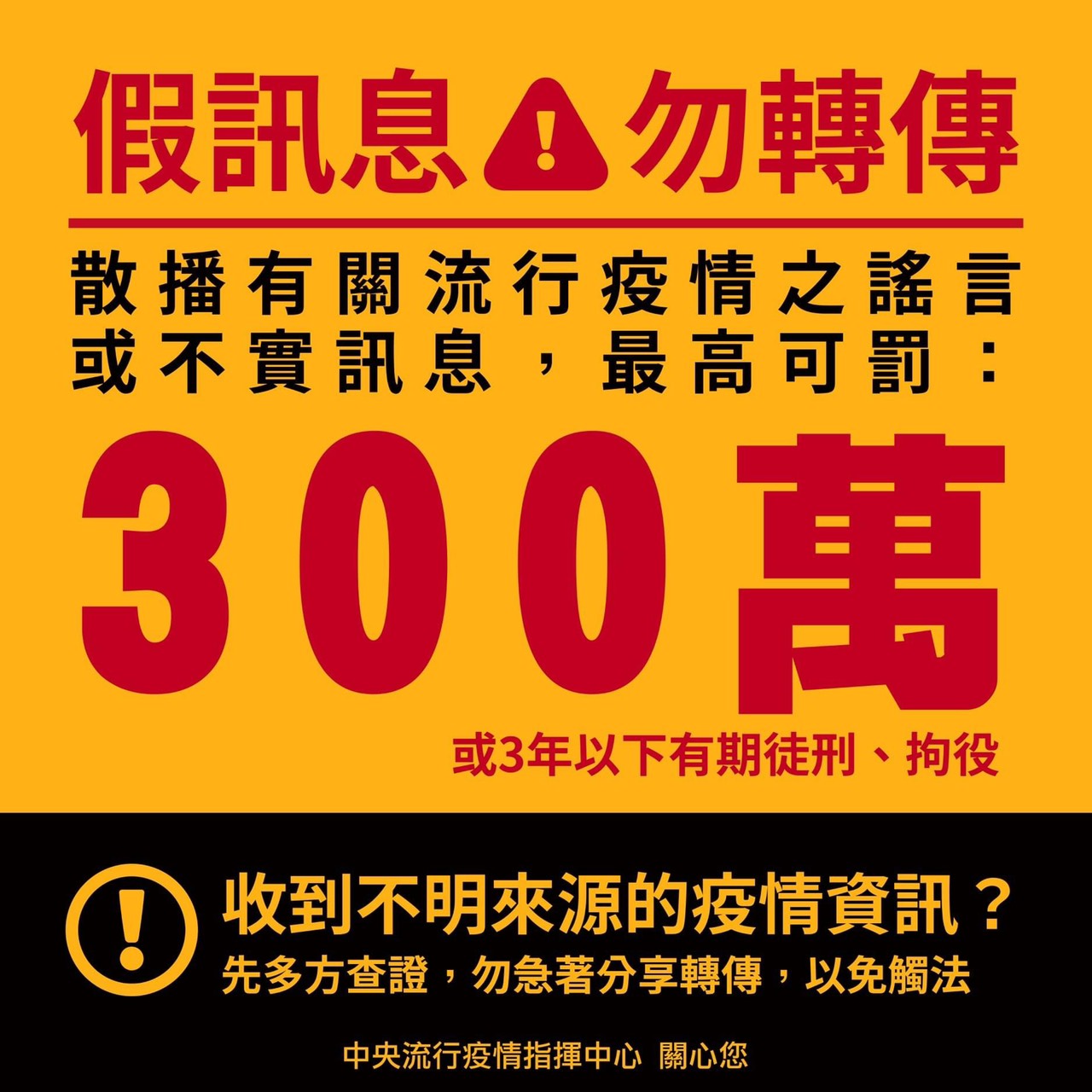 指揮中心提醒,勿隨意散播有關疫情之謠言,違者將依法開罰。(翻攝自衛福部疾管署官網)