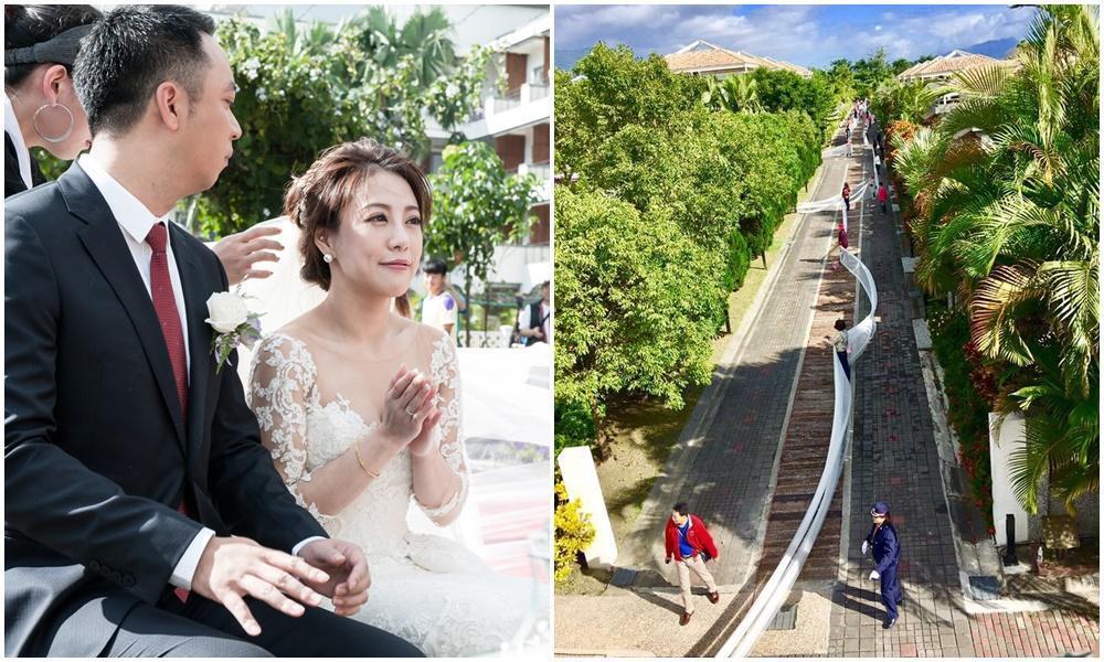 2016年鄭舜文與養樂多集團第三代王冠智結婚，長6公里的頭紗創金氏世界紀錄，出動560名池上鄉民幫忙牽挽。（日暉提供）