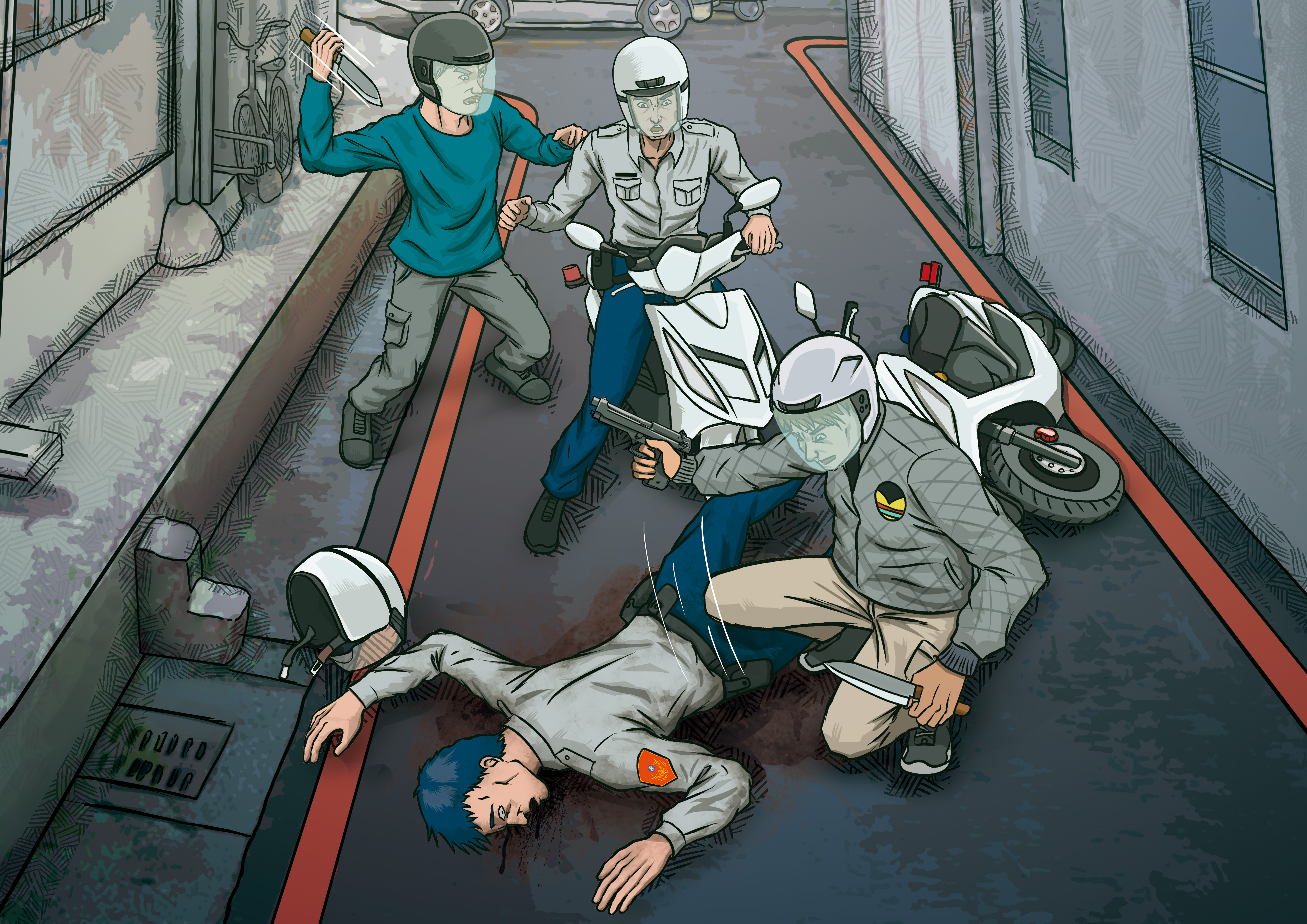 新北市警局汐止分局2名員警巡邏時，遭王姓兄弟持刀砍殺、搶奪警槍。