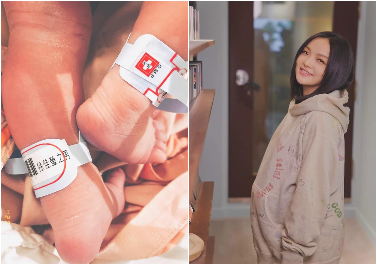 徐佳瑩6日平安生下兒子，還po出兒子腳丫照，腳環上寫著「徐佳瑩之男」。（翻攝自徐佳瑩臉書）