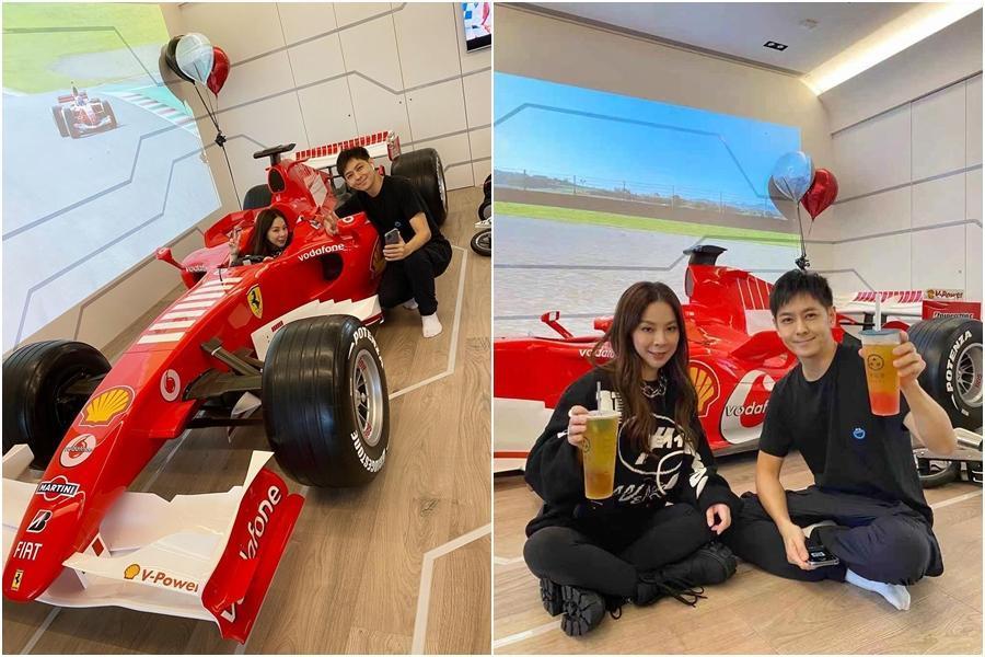 楊秀蓉日前外送自家飲料到好友林志穎家，意外曝光他的豪宅客廳停了一輛F1法拉利賽車。（翻攝自楊秀蓉IG）