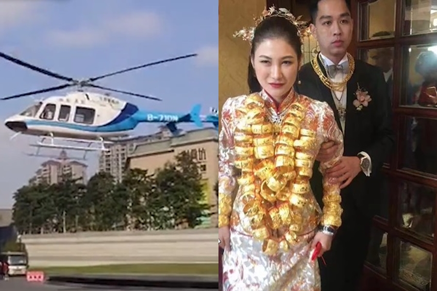 中國超狂婚宴新娘鍍金出場，出動直升機、超跑大手筆打造超奢婚禮。（翻攝自沸點視頻）