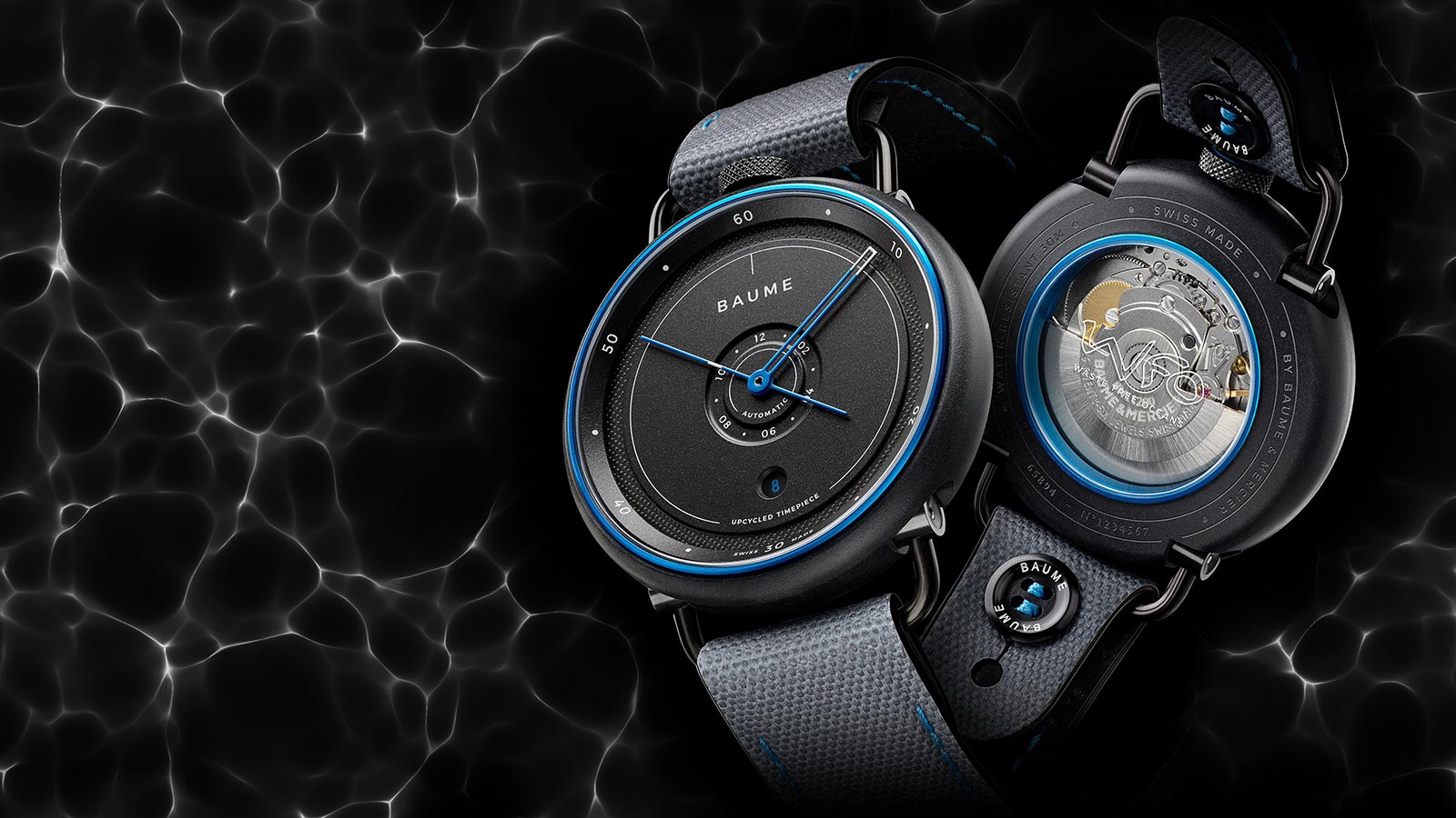 BAUME海洋限定款自動腕錶｜錶徑42mm／回收聚丙烯材質錶殼／時間及日期指示／自動上鏈機芯／防水約30米／建議售價USD 1,490 （約台幣42,000）