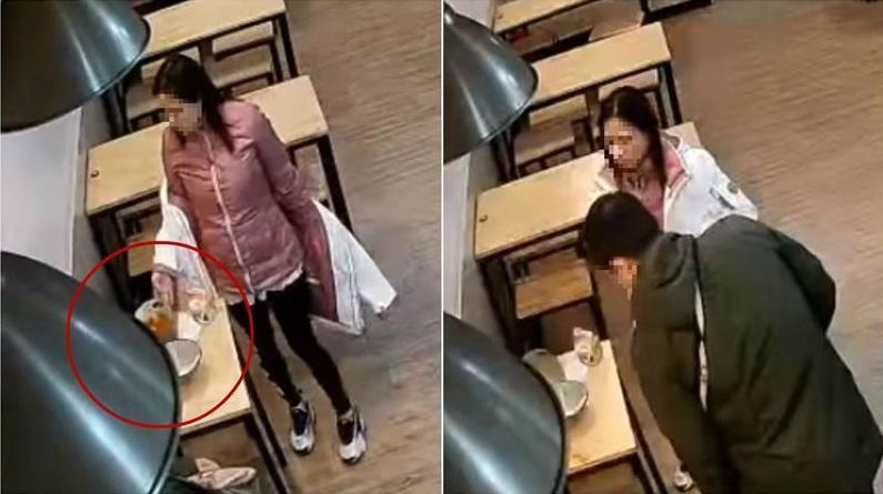 紅衣女客不滿「90元牛肉麵只有4片肉」,刻意翻倒湯碗。(翻攝自我是新竹人)