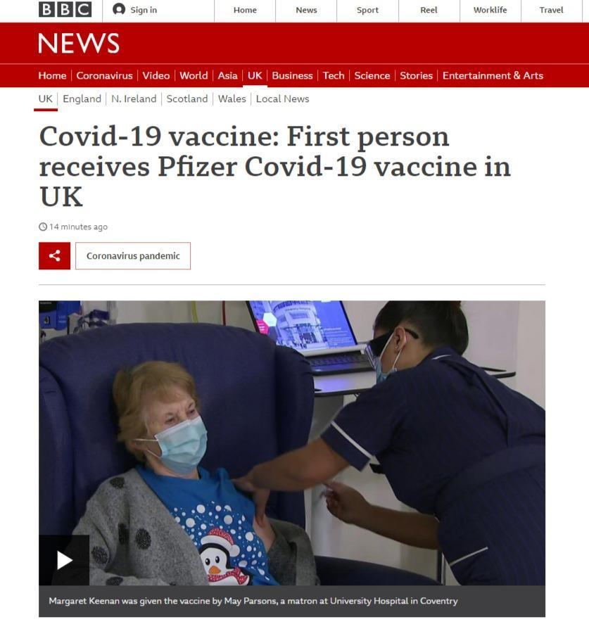90歲的基南今成為全球第一個接種武肺疫苗的人。(翻攝《BBC》網站)