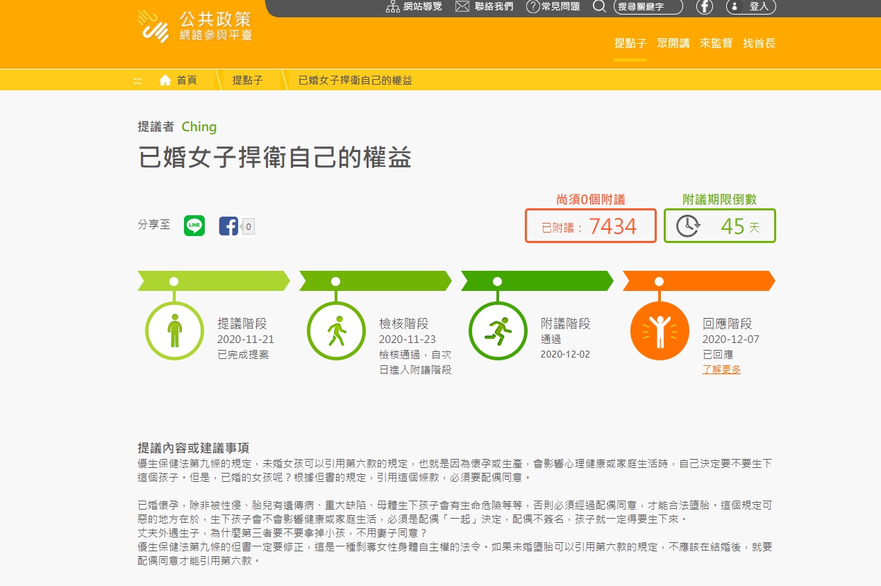 先前有民眾發起聯署，修法取消人流的配偶同意權。（翻攝自「公共政策網路參與平台」）