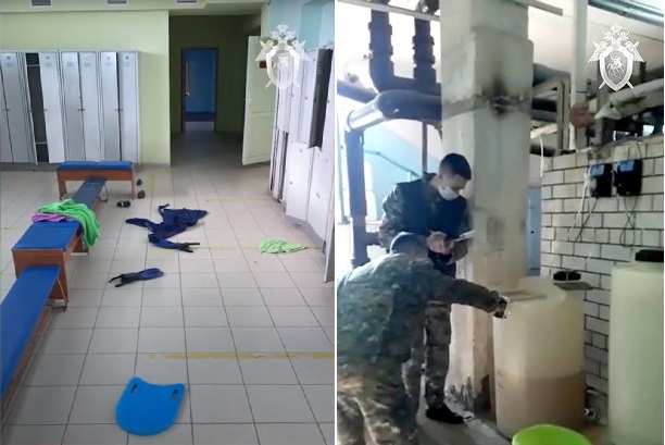 調查人員發現更衣室物品散落一地,和疑似外洩大量氯氣的水箱。(翻攝自RIC影片)
