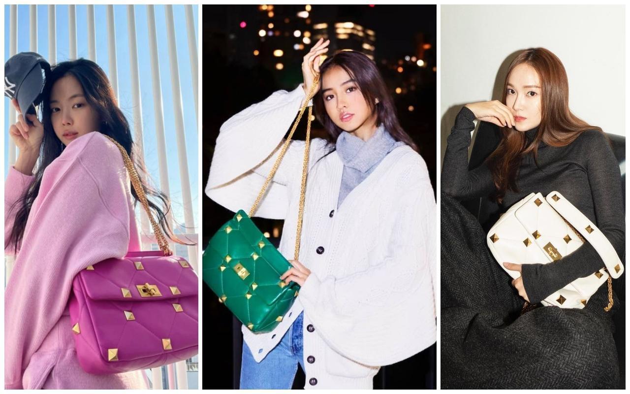 (左起)Apink孫恩娜、木村光希(Kōki)、Jessica鄭秀妍,分別以不同的時尚態度詮釋Roman Stud鉚釘包。(Valentino Garavani提供)
