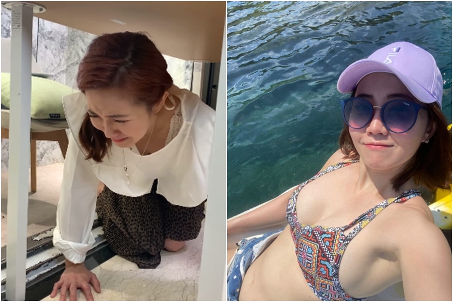 謝忻在臉書PO出躲到桌子底下避難的影片，她的D奶深溝隱約跑出來見客。（翻攝自謝忻臉書）