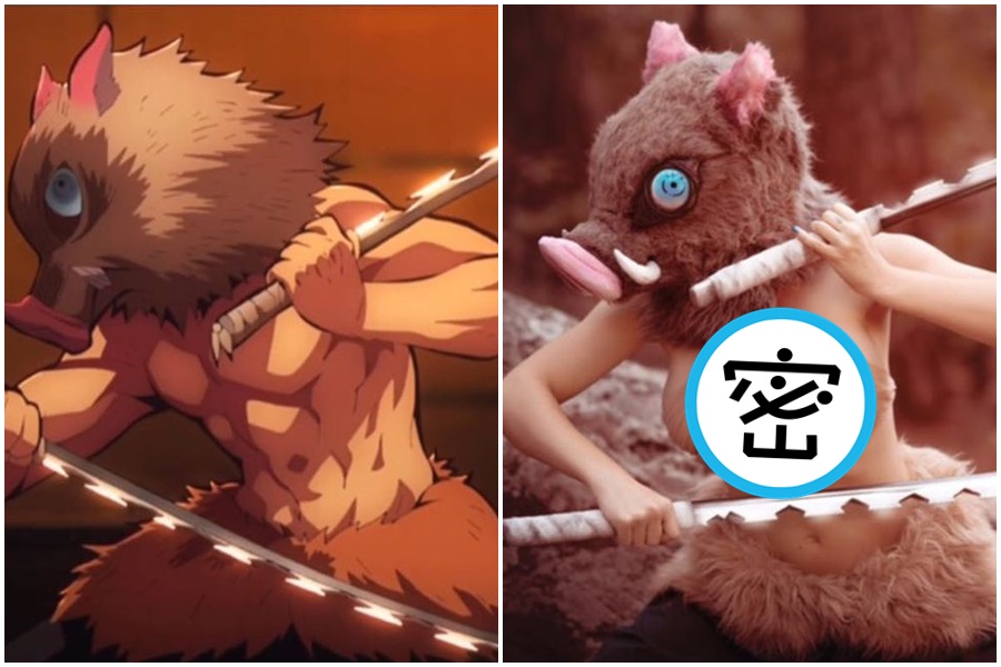 巨乳女模JESSICA，竟大膽的裸上身扮演「豬頭先生」嘴平伊之助。（翻攝自Jessica Nigri IG）