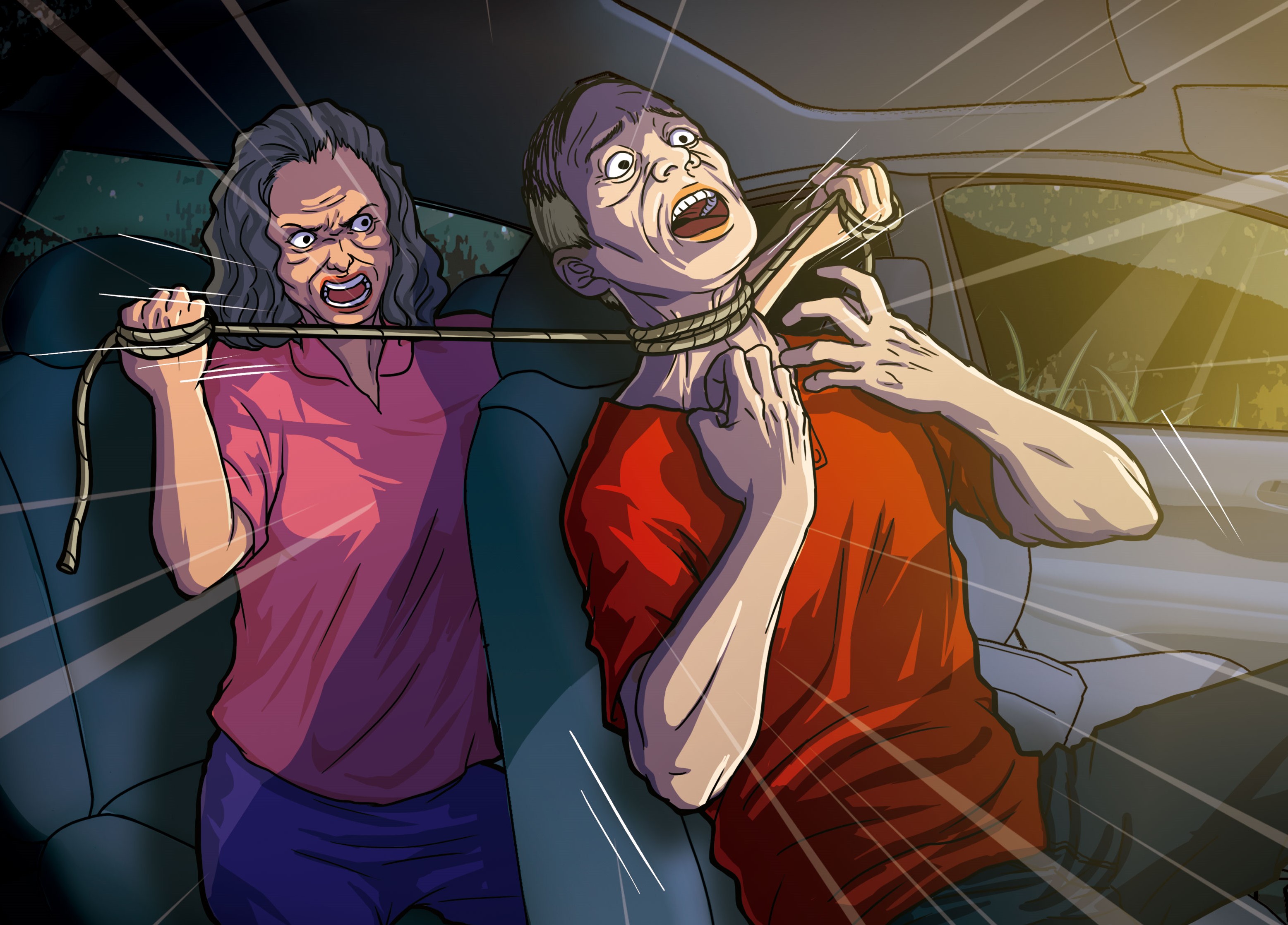 不滿男友(右)提分手,江女(左)在車內用預藏的尼龍繩勒斃對方。