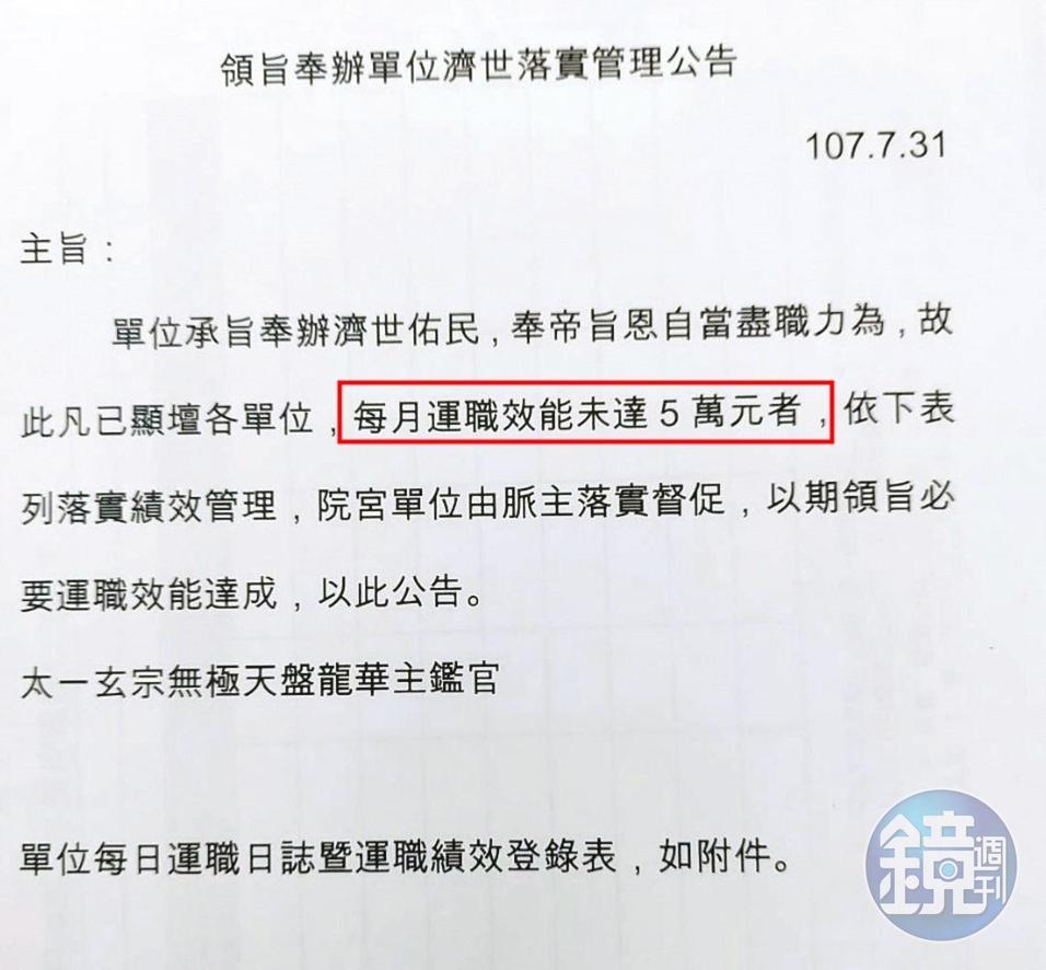 協會要求每個月要達到5萬元業績,讓許多信徒倍感壓力。(讀者提供)