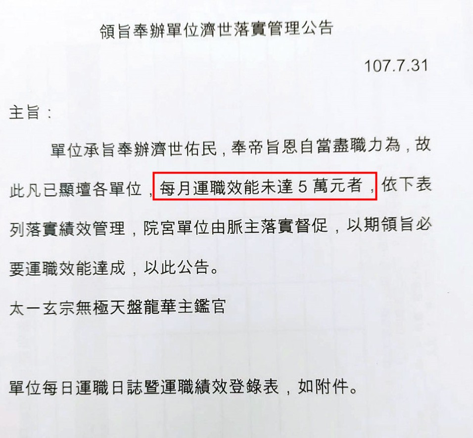 協會要求每個月要達到5萬元業績,讓許多信徒倍感壓力。(讀者提供)