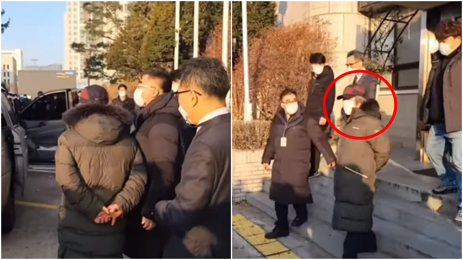 趙斗淳步出安山保護所,即使鞠躬道歉卻將手背在後背,展現傲慢態度。(翻攝自서울의 소리 The Voice of Seoul YouTube頻道)