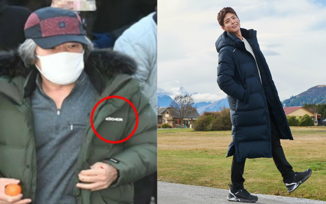 南韓淫魔趙斗淳刑滿出獄，穿著朴寶劍代言的EiDER雨絨衣回老家。（翻攝自《散記網》、EiDER臉書）