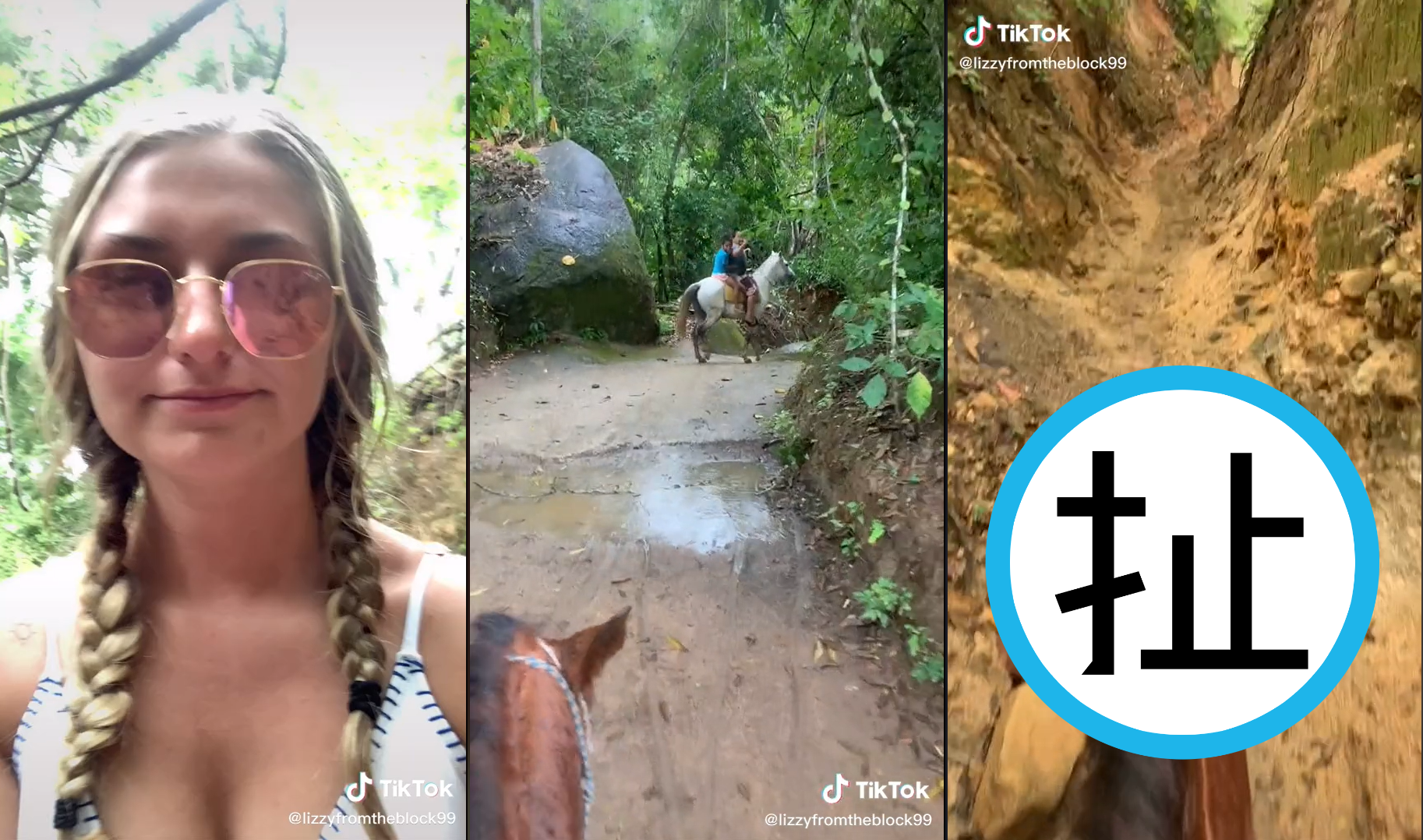 女大生騎在馬背上，不斷向路人喊：「我很害怕！」（翻攝自莉茲Tik Tok）