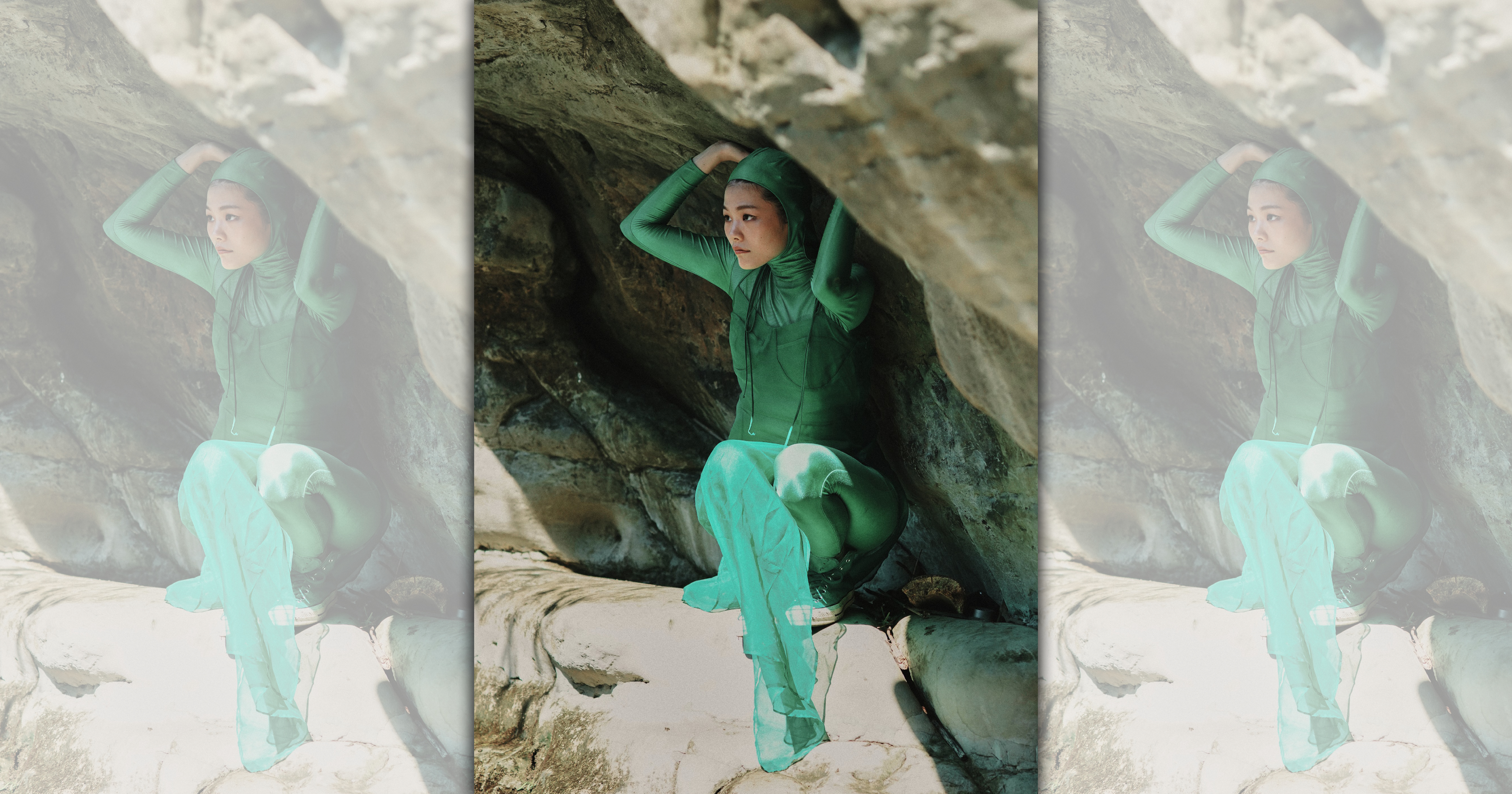 柯泯薰穿上綠色緊身衣，拍攝新歌〈自戀的自虐〉MV。（洗耳恭聽提供）