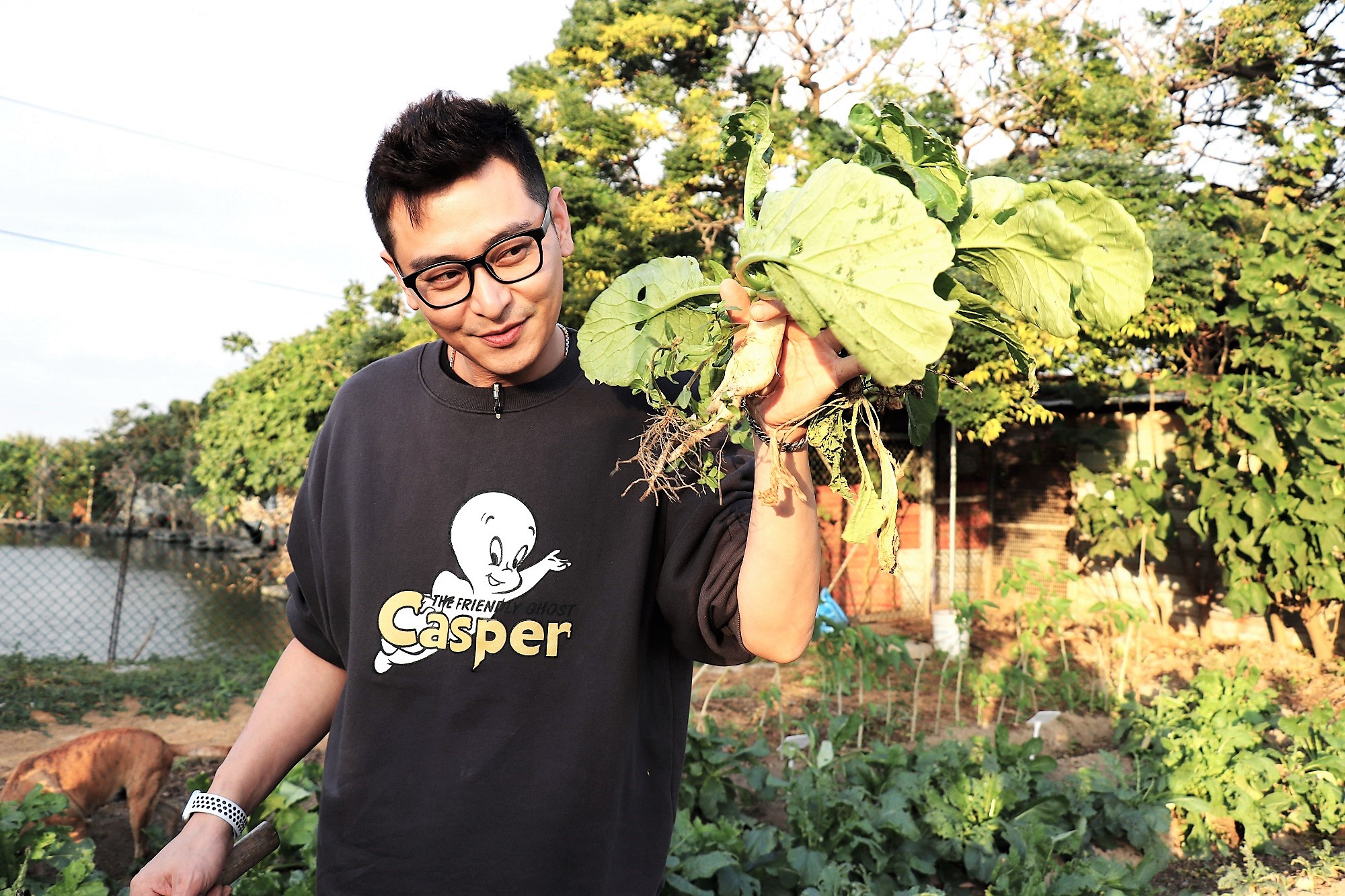 陳冠霖在農地裡拔蘿蔔，為高中籃球小將們加菜。（東森超視提供）