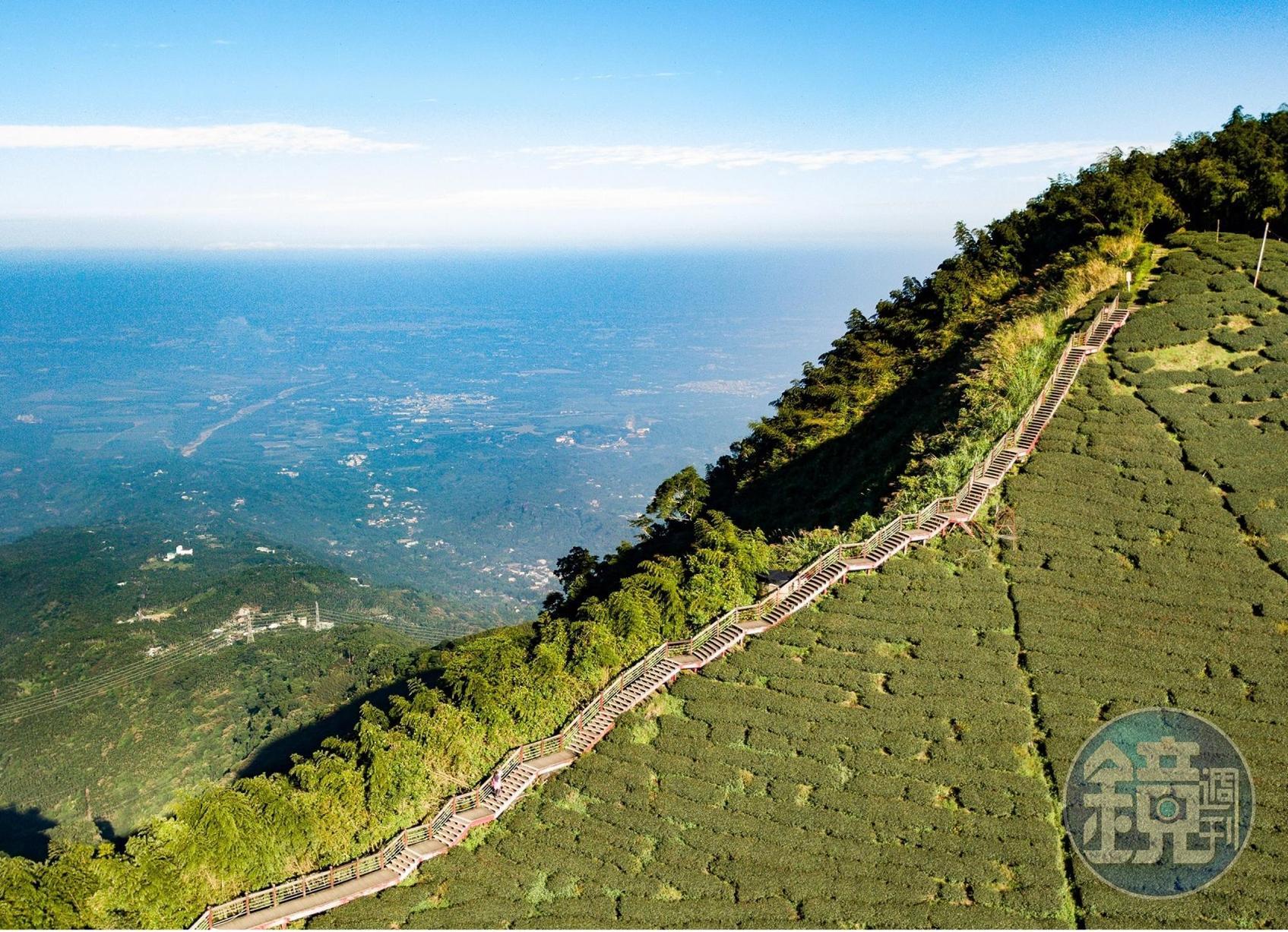 建於山脊稜線上的二尖山步道，一邊是茶園、一邊是雲嘉平原，擁有絕佳視野。