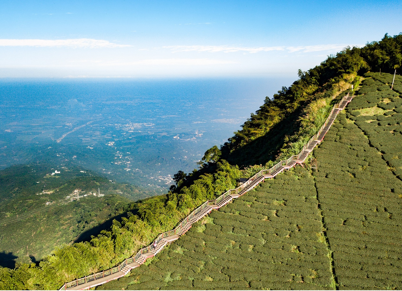 建於山脊稜線上的二尖山步道，一邊是茶園、一邊是雲嘉平原，擁有絕佳視野。