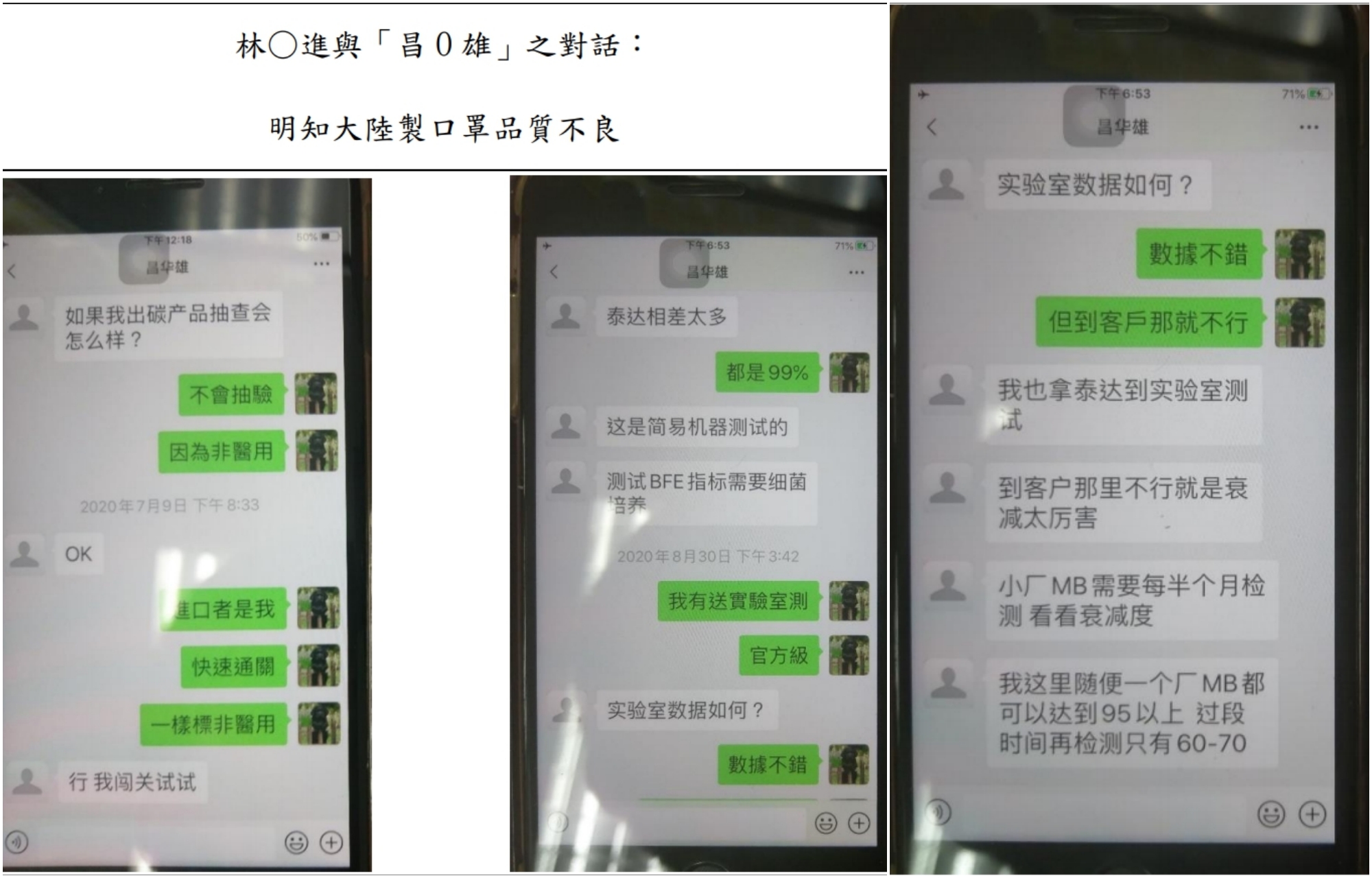 從林明進與廠商的對話紀錄可以發現，林明進知情中國製的品質不佳。（翻攝自士檢新聞稿）