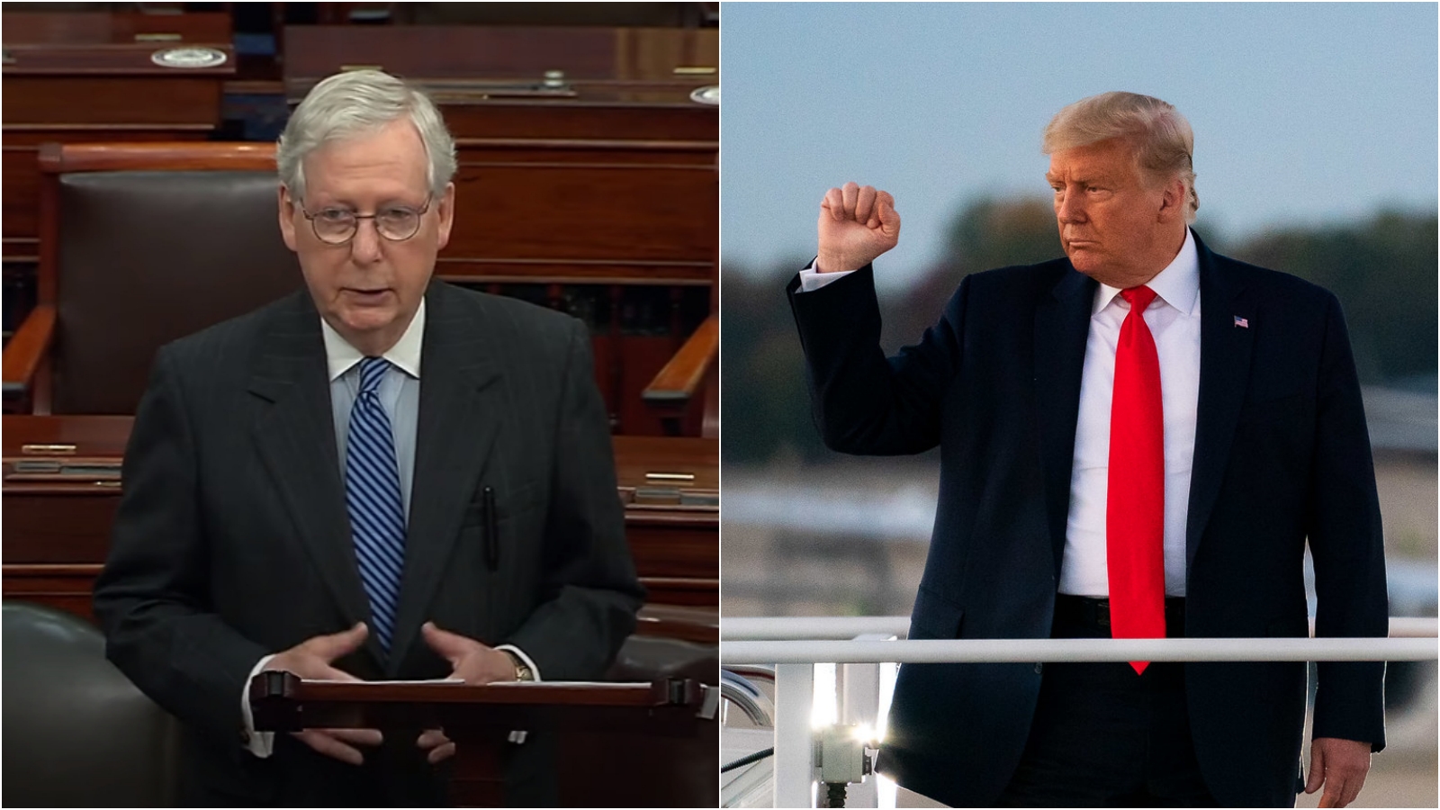 麥康乃爾（左）承認拜登當選，讓川普（右）失望直言「太早放棄了」。（翻攝自麥康乃爾YouTube／白宮臉書）