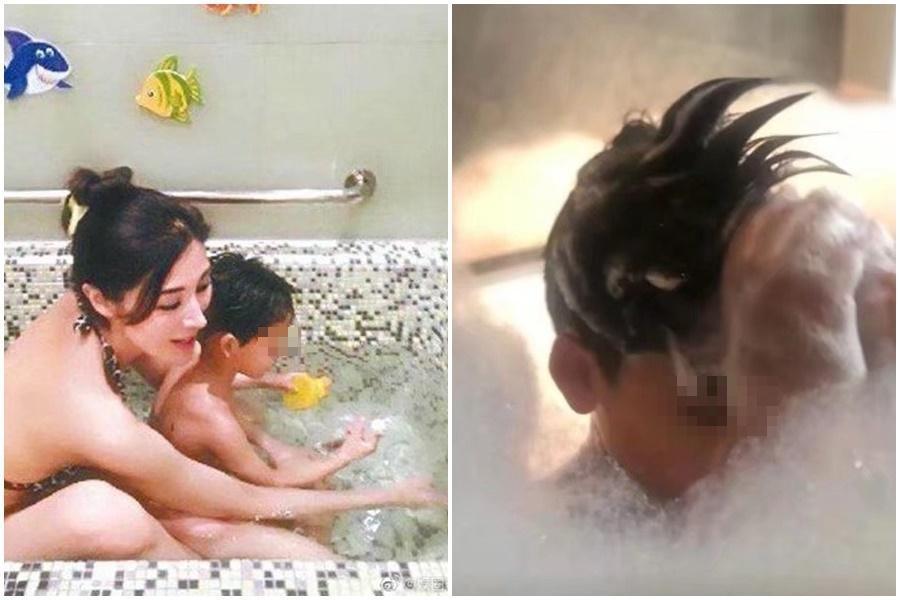 李嘉欣拍兒子洗澡、穿比基尼共浴惹議。(翻攝自李嘉欣IG、微博)