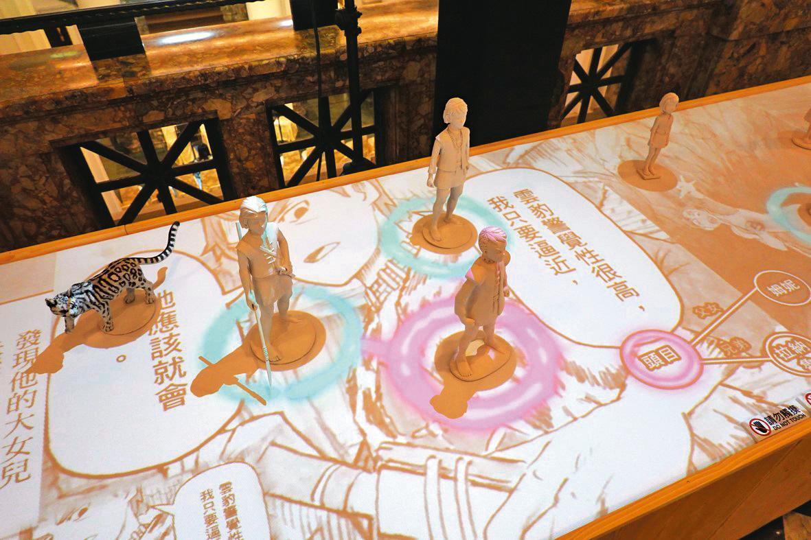 臺博館的《雲之獸》展覽，以多媒體投影及模型介紹漫畫角色。（臺博館提供）
